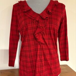 TALBOTS Women’s Red Ruffled Plaid v-neck Top petite size medium
